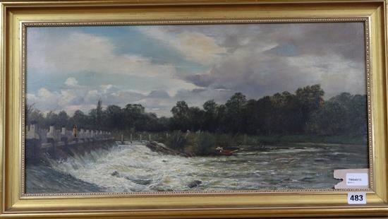 J. H. Sampson (19th century),river scene with weir, a figure in a small boat by reeds, indistinctly signed and dated 1877